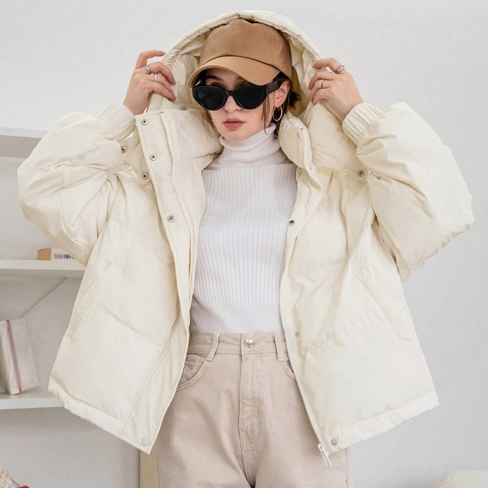 Beige Casual Womens Drawstring Hooded Puffer Coat